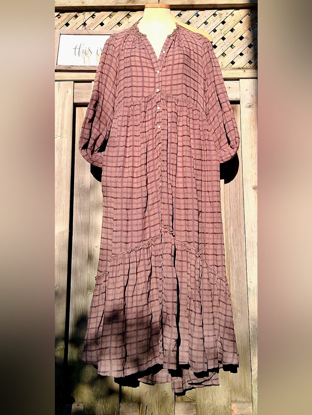 Free People Boho Button-Front Maxi Dress in Brown Plaid